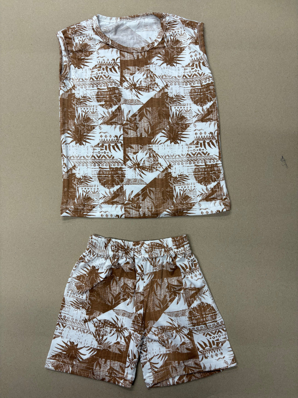 Tav Pacific Rahiti singlet featuring a brown and white tropical print -Sleeveless co-ords