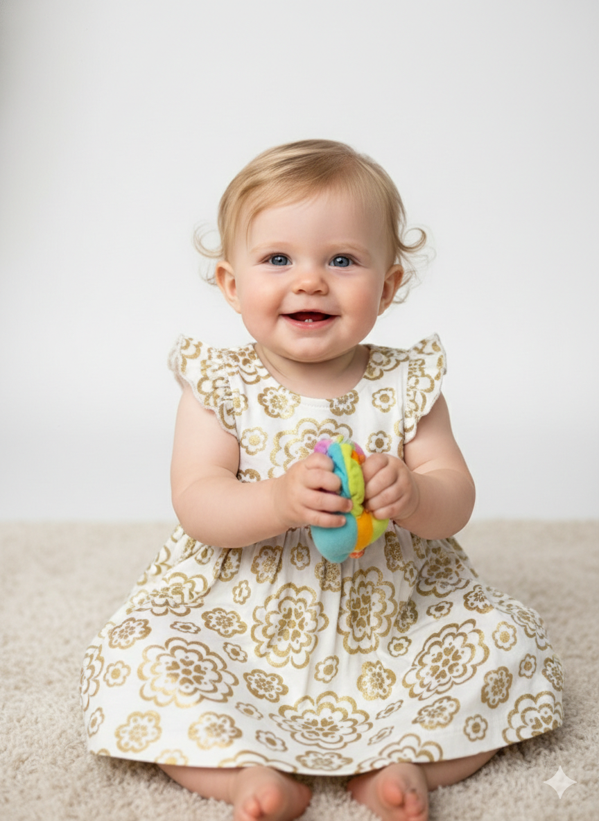 White with gold flowers -Sleeveless Frock