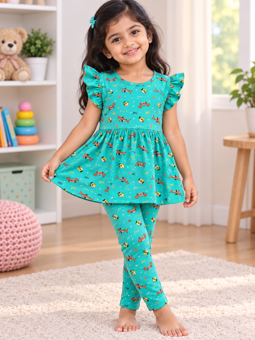 Green  Sea Theme Multi Colour Peplum Co-ord Girls Sets.