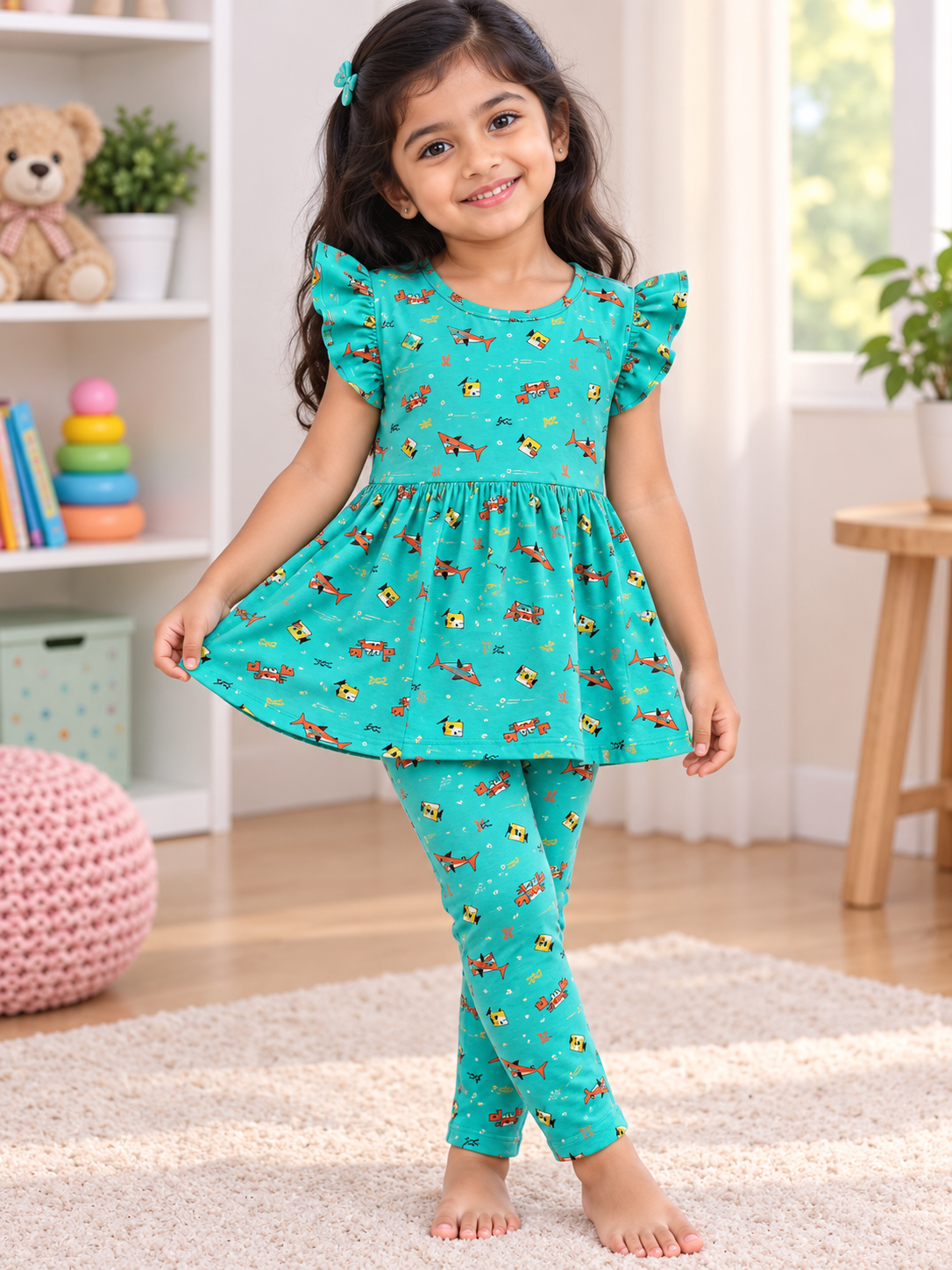 Green  Sea Theme Multi Colour Peplum Co-ord Girls Sets.