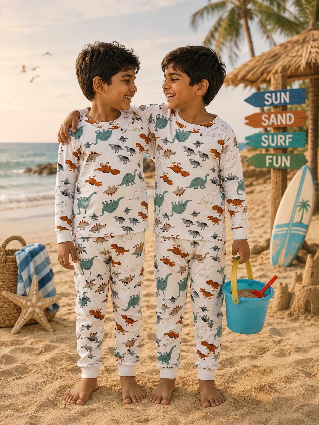 White base cute dinosaur -Kids Full Sleeve Set