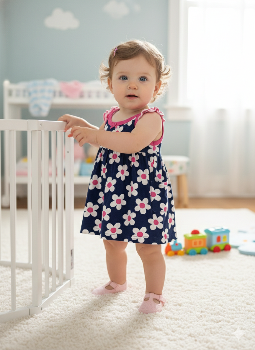 Navy flowers with packet - Baby Sleeveless Frock