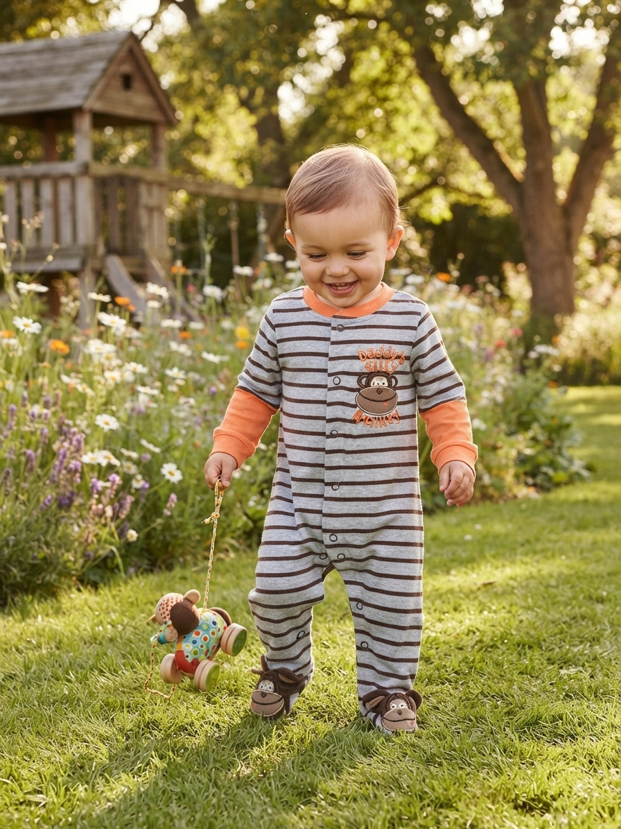 Grey with orange stripes with shoe(snap button)- Baby high quality jumpsuit