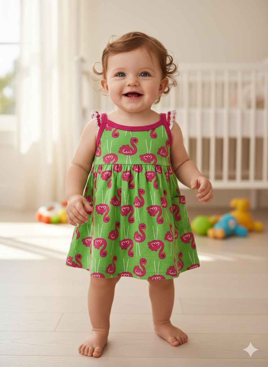 Green with pink swan Baby Sleeveless Frock