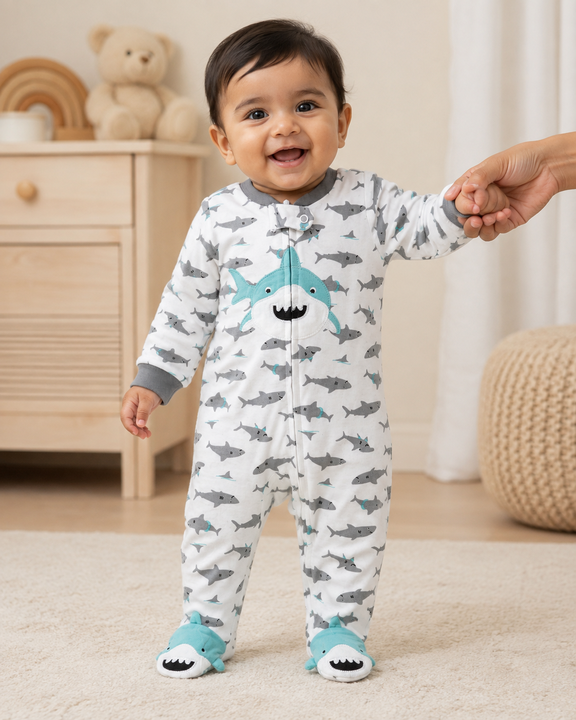 White with grey sharks 🦈 with shoe- Baby high quality jumpsuit