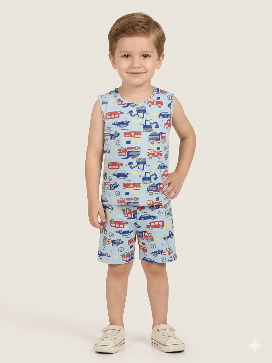 Soft Blue Base  vehicle prints -Sleeveless co-ords