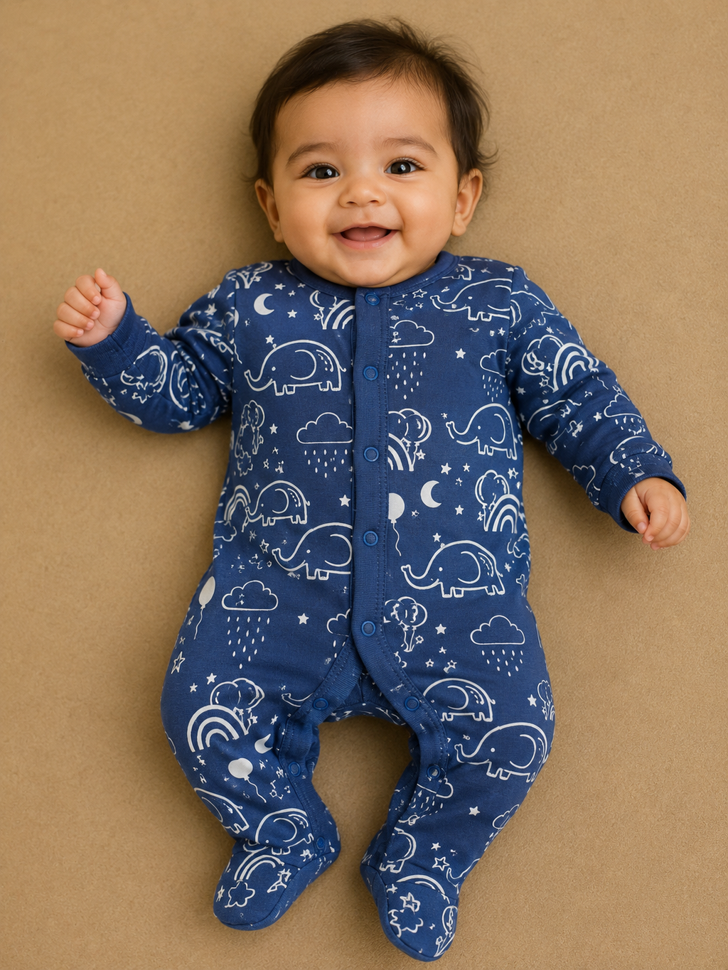navy blue elephant  rainbow Baby Jumpsuits