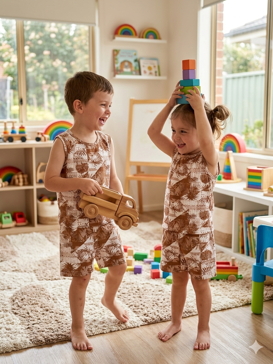 Tav Pacific Rahiti singlet featuring a brown and white tropical print -Sleeveless co-ords