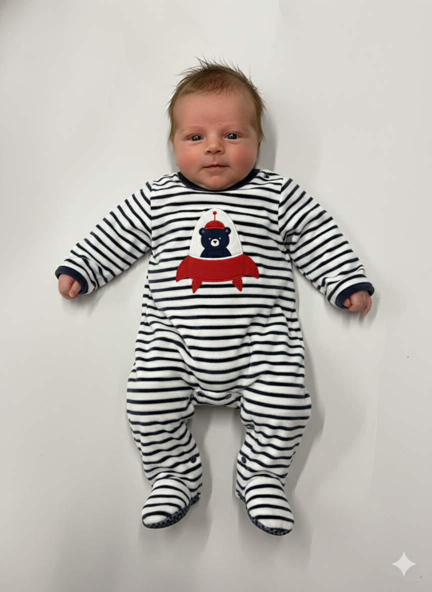 White with navy blue stripes. -Baby full Jumpsuit