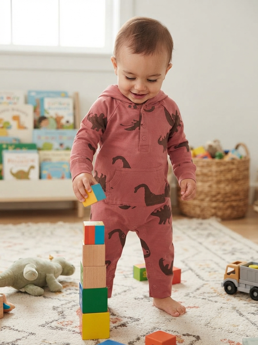 Brown dino hoodie with shoe(snap button)-Baby High quality jumpsuit