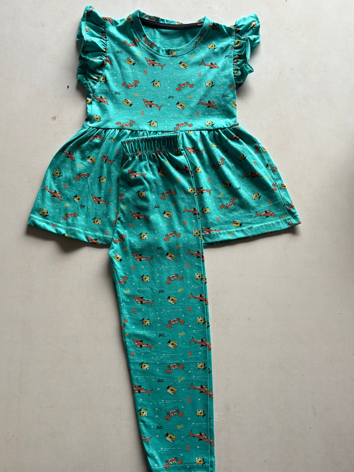 Green  Sea Theme Multi Colour Peplum Co-ord Girls Sets.