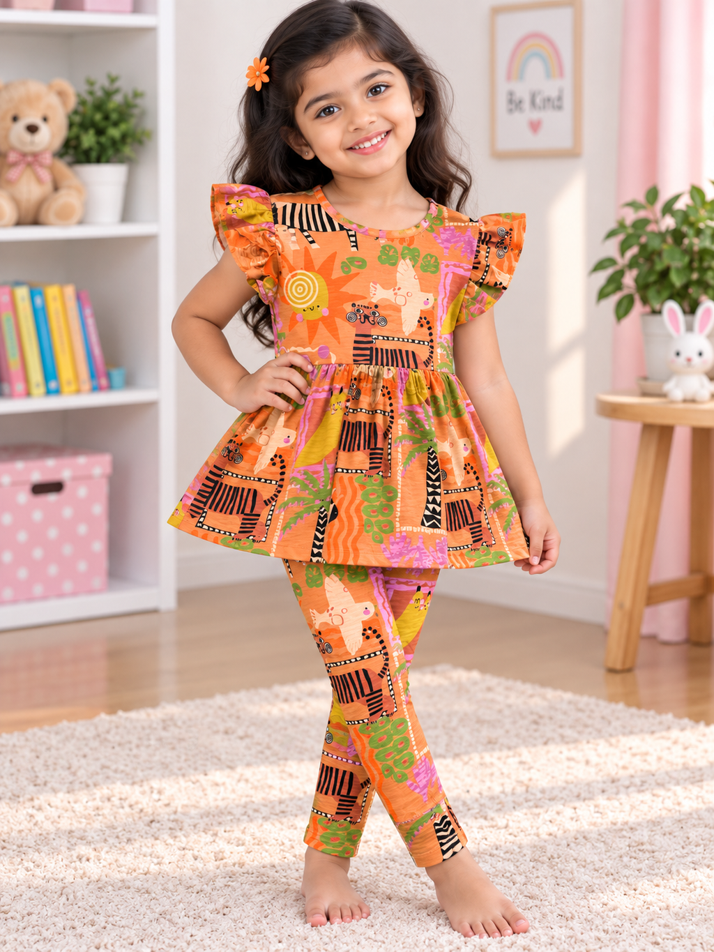 Orange Multi Colour Peplum Co-ord Girls Sets.