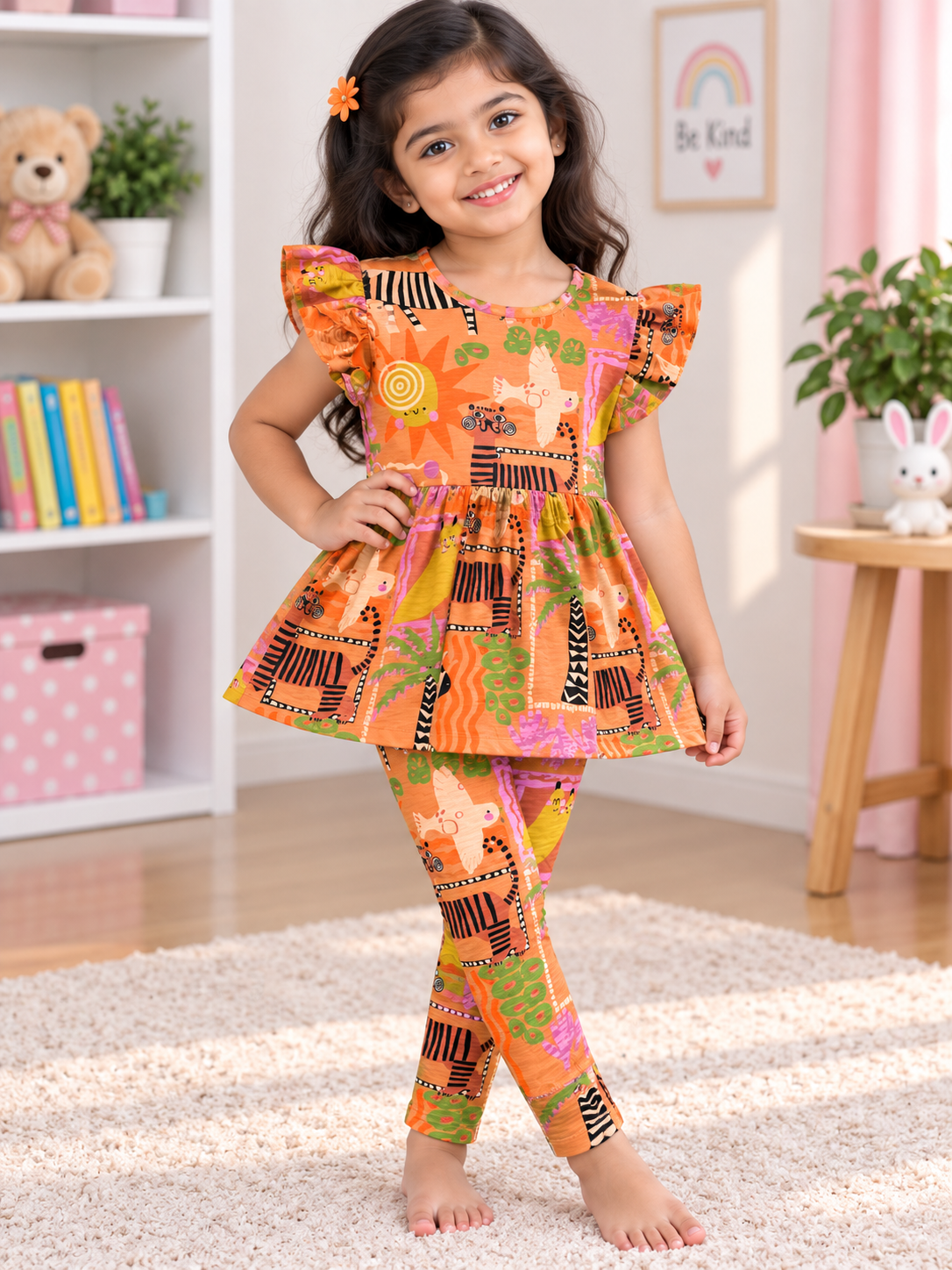 Orange Multi Colour Peplum Co-ord Girls Sets.