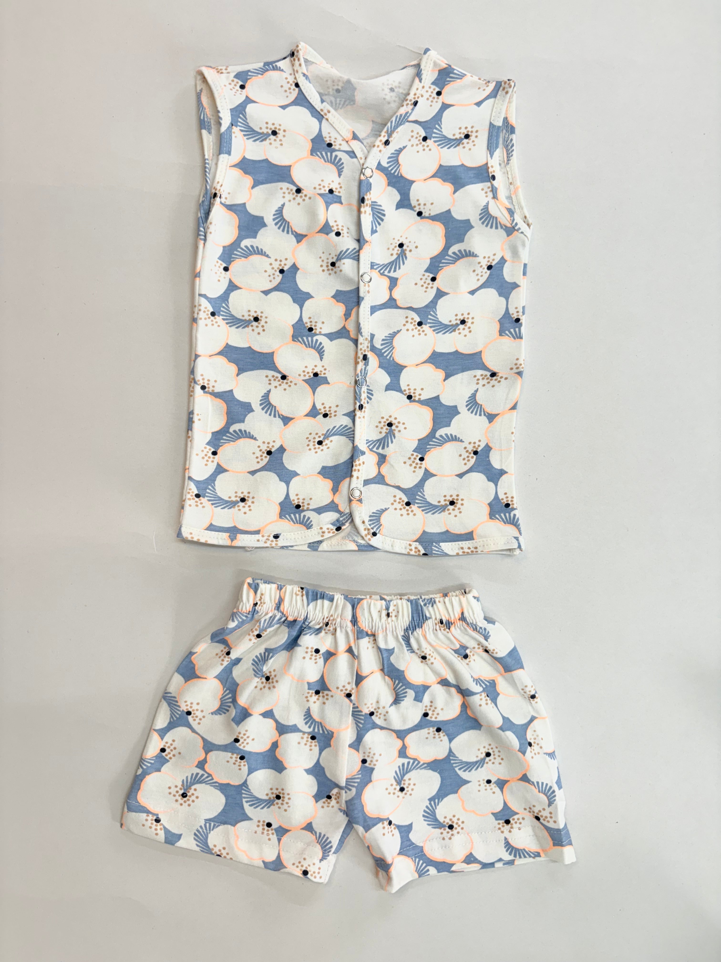 Soft white blue prints Sleeveless Jabla shorts set