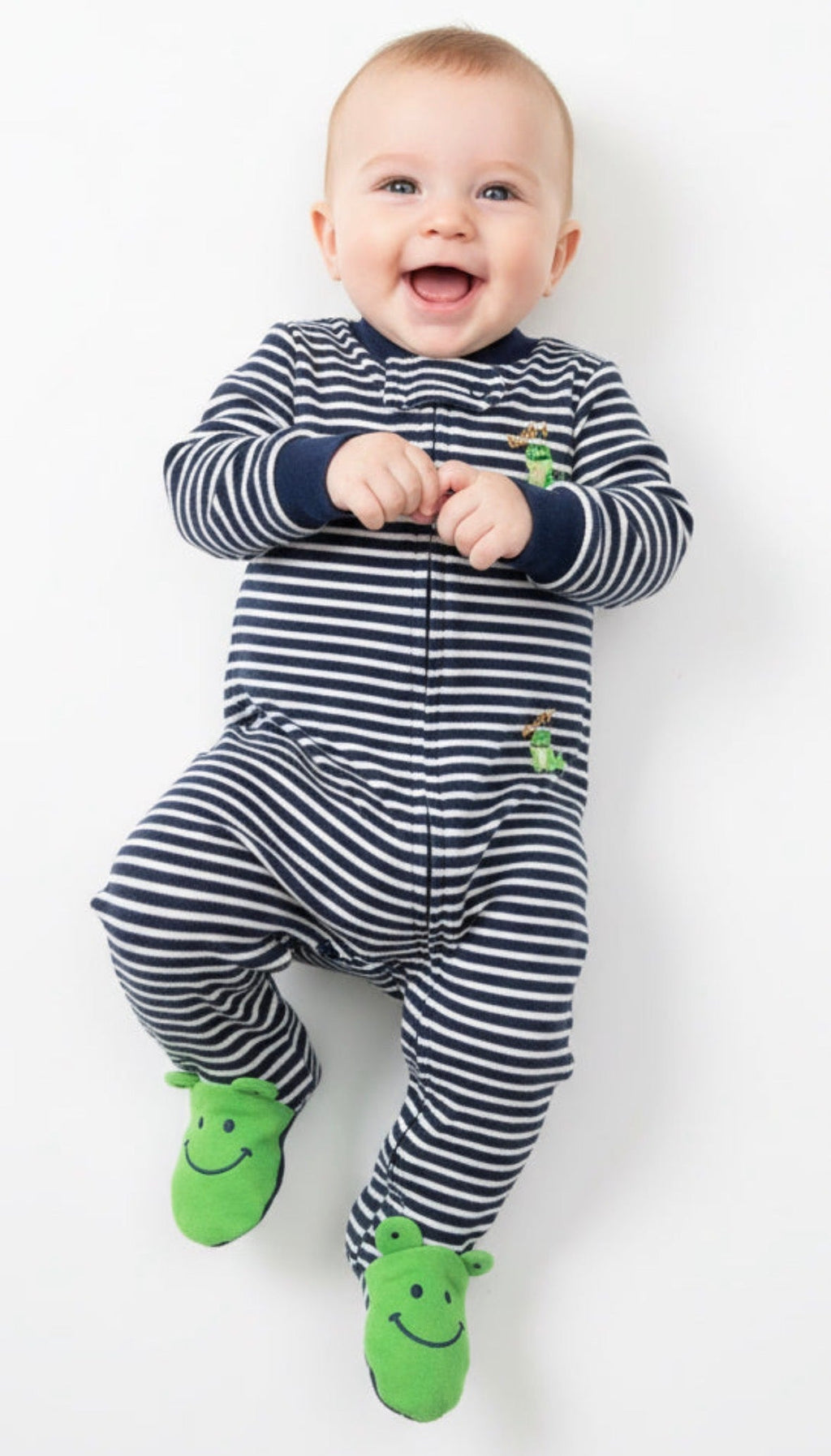 Navy blue and white striped romper with green accents  - Baby Jumpsuit High Quality