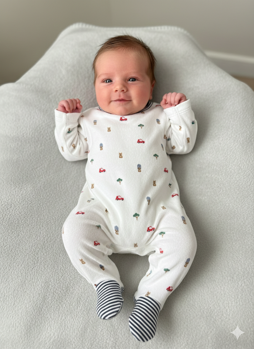 white  with small prints in red (cars), brown (bears),-Baby full Jumpsuit