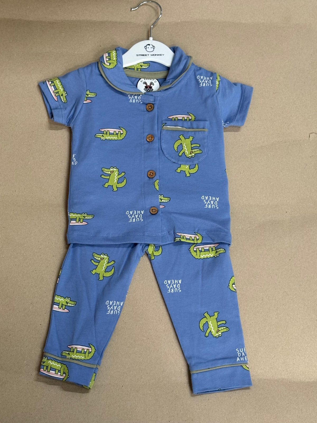 Green surfing alligator print- Baby Collar Night Suits