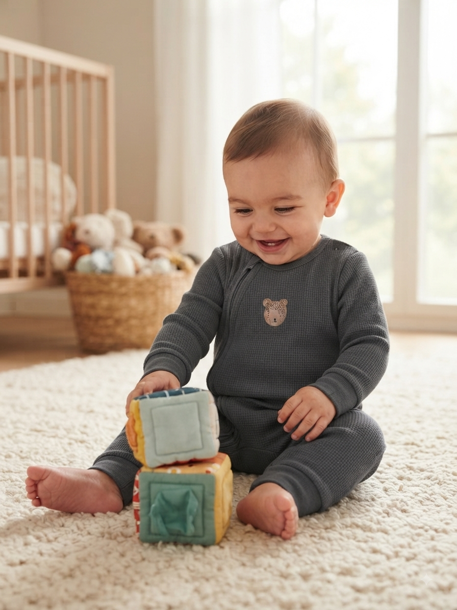 Charcoal grey with teddy face  (zipper)-Baby High quality jumpsuit