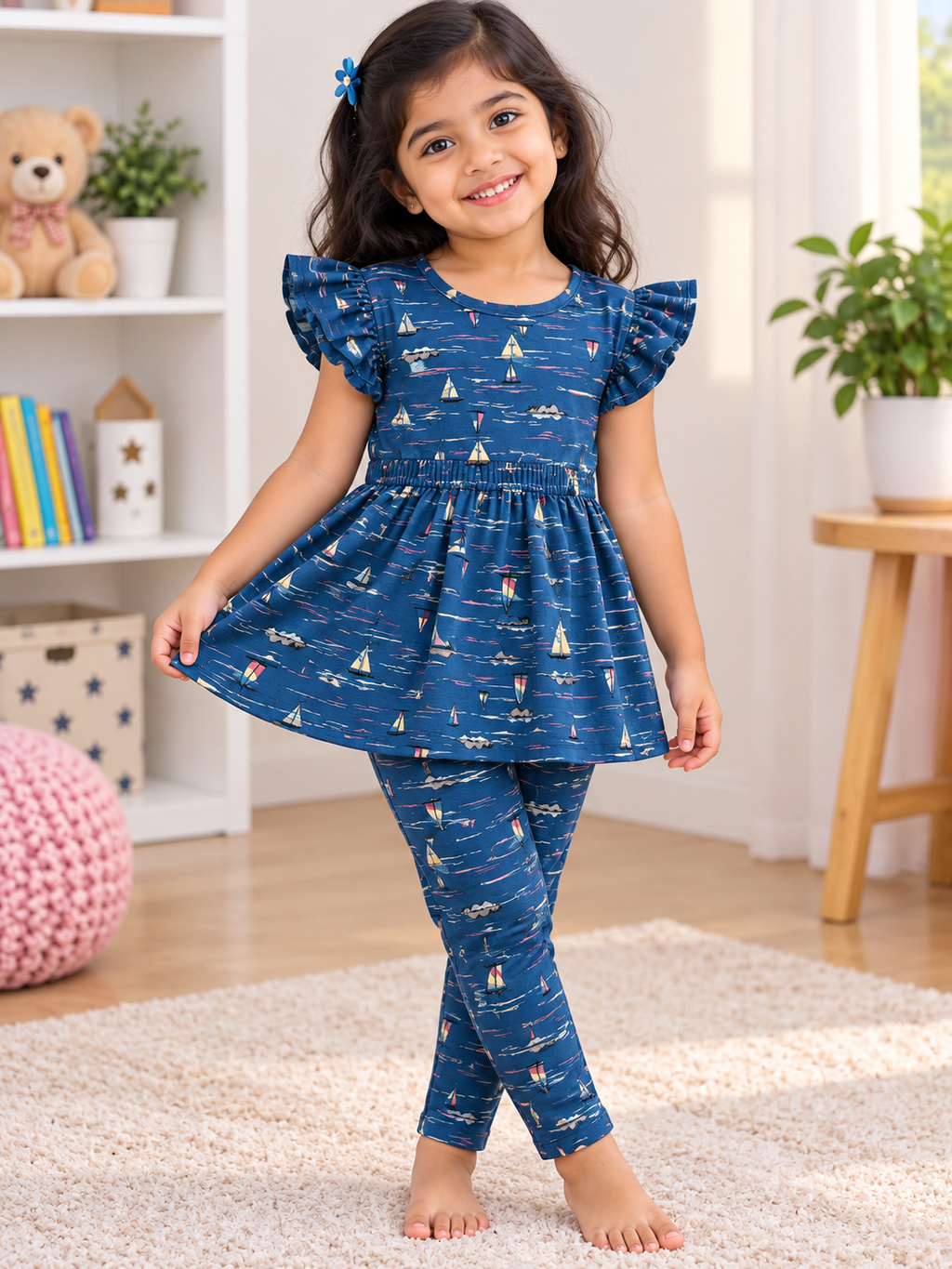 Peacock, blue blue Multi Colour Peplum Co-ord Girls Sets.