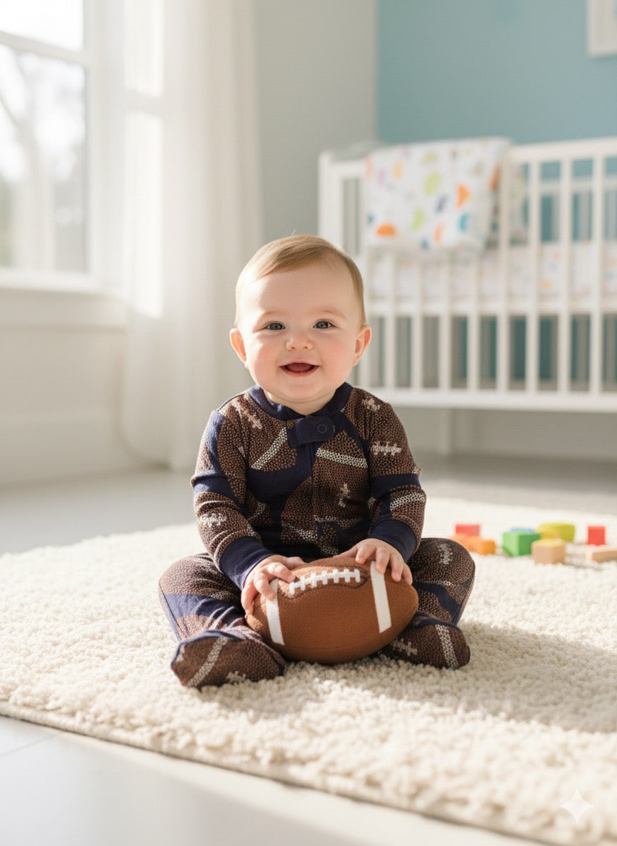 Rugby ball  Print Navy Baby Footed  -Jumpsuits