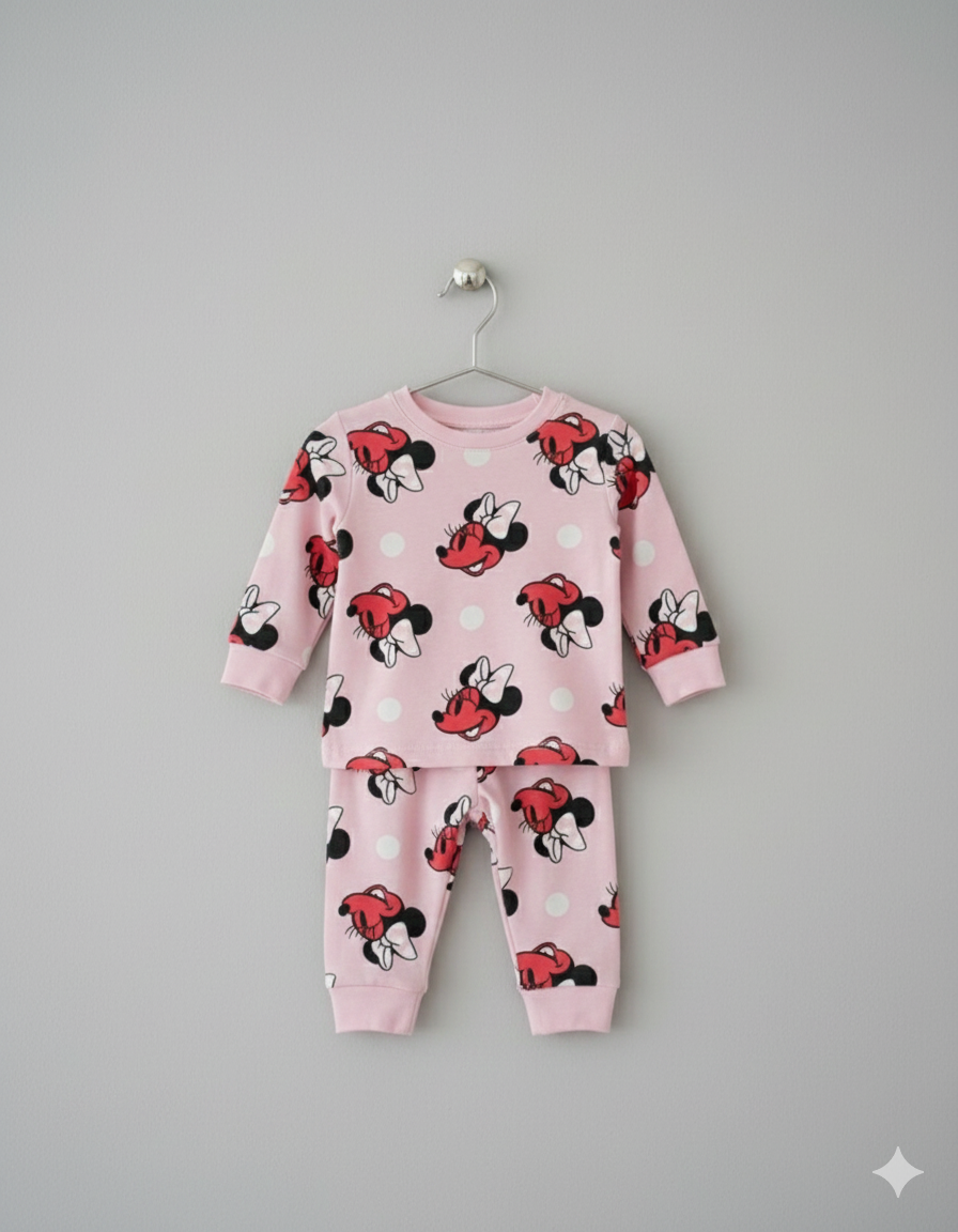 Baby Co -Ord set full sleeve Light pink minne mouse print(snap button)