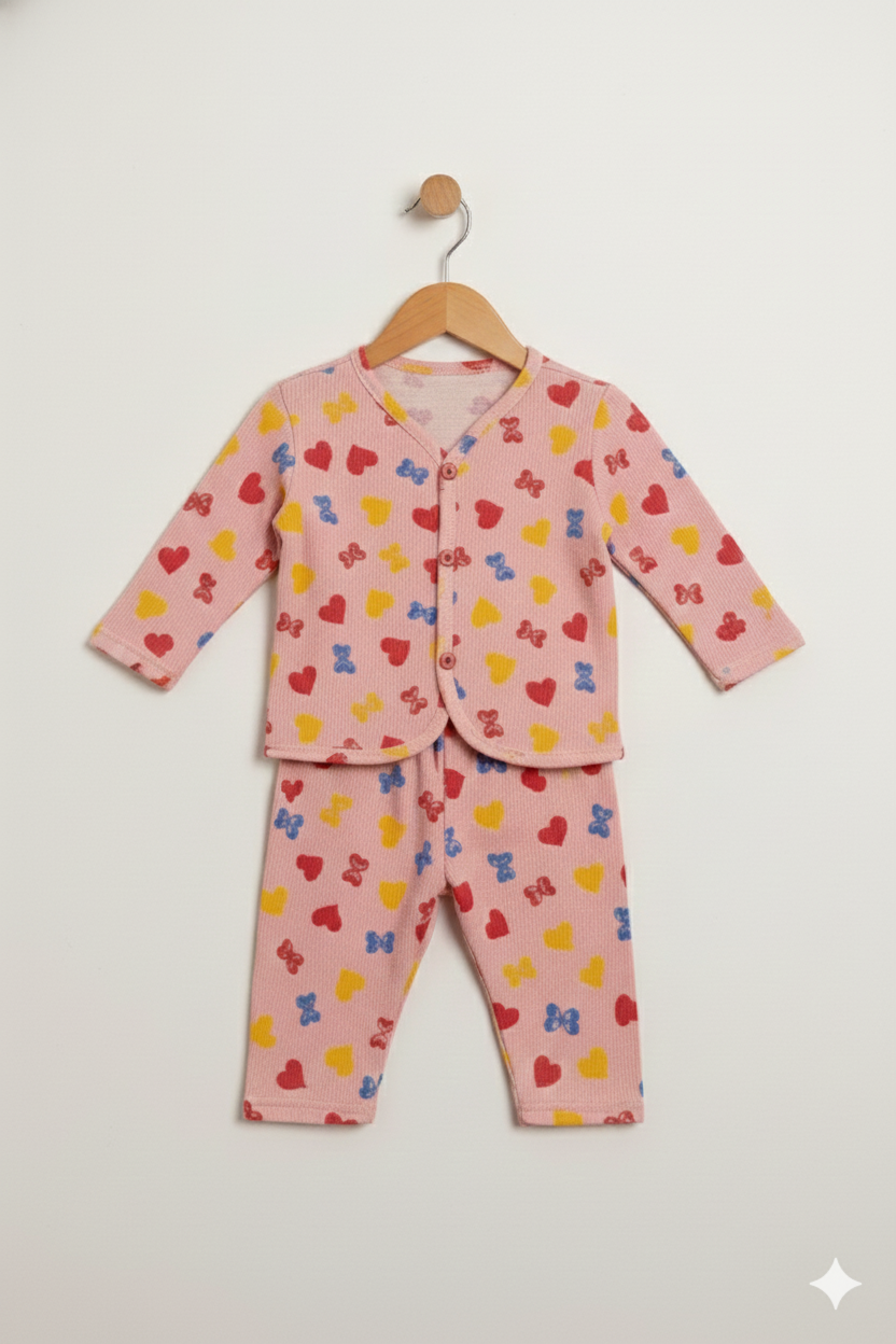 A sweet pink jabla set sprinkled with colourful hearts and bows