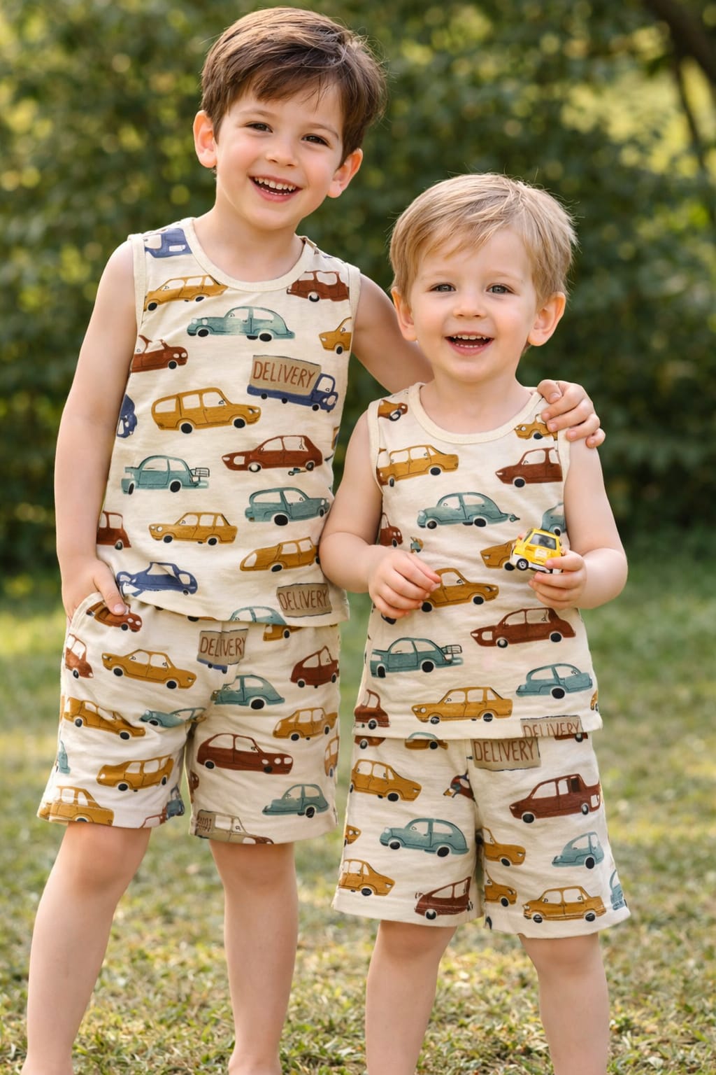 Beige Based car prints- sleeveless co ords