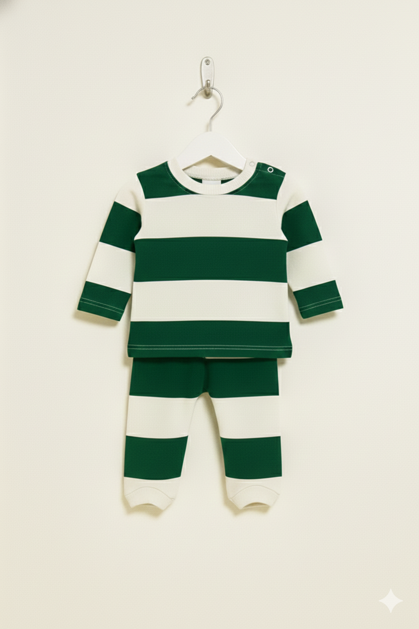 Premium Loop Net green and white striped full-sleeve co-ord set.