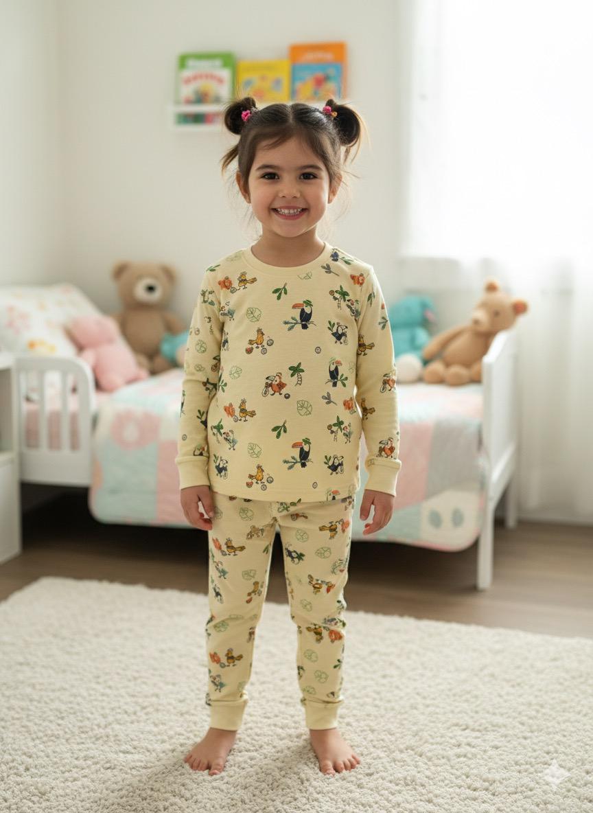 Premium winter Light yellow full-sleeve co-ord set covered with cute animal and nature-themed prints