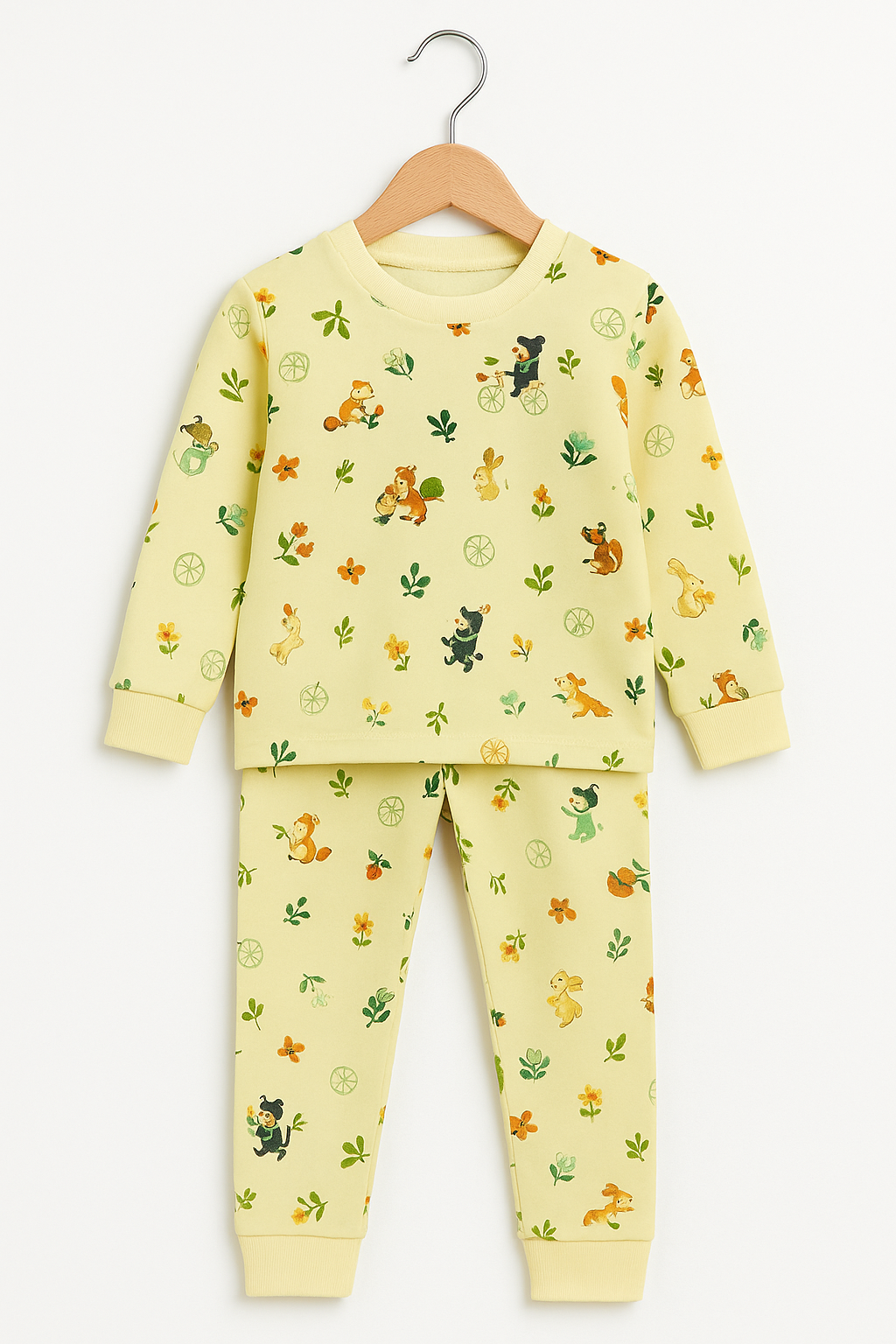 Premium winter Light yellow full-sleeve co-ord set covered with cute animal and nature-themed prints