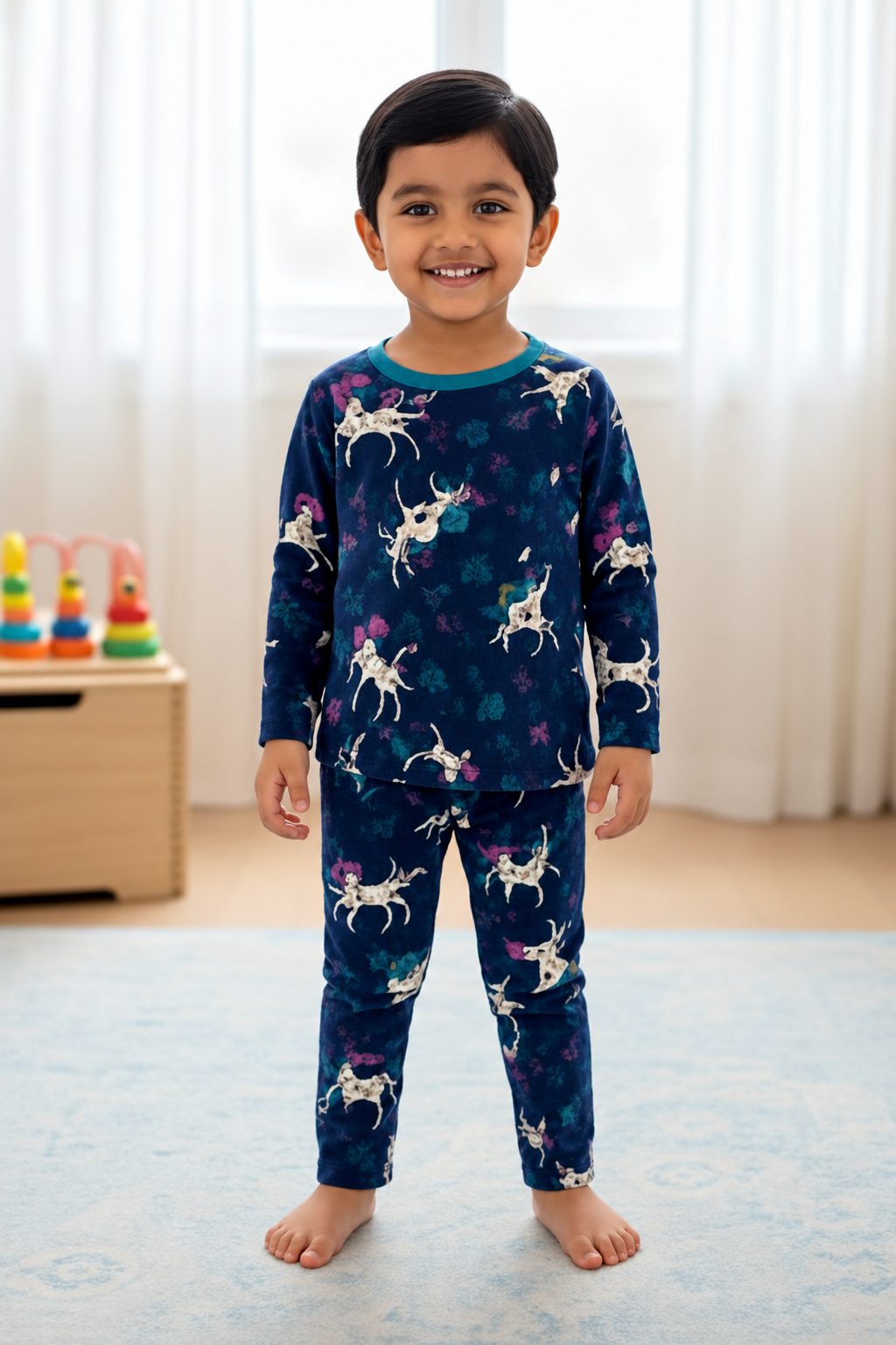 Premium winter Dark navy full-sleeve co-ord set decorated with cute unicorn and floral prints