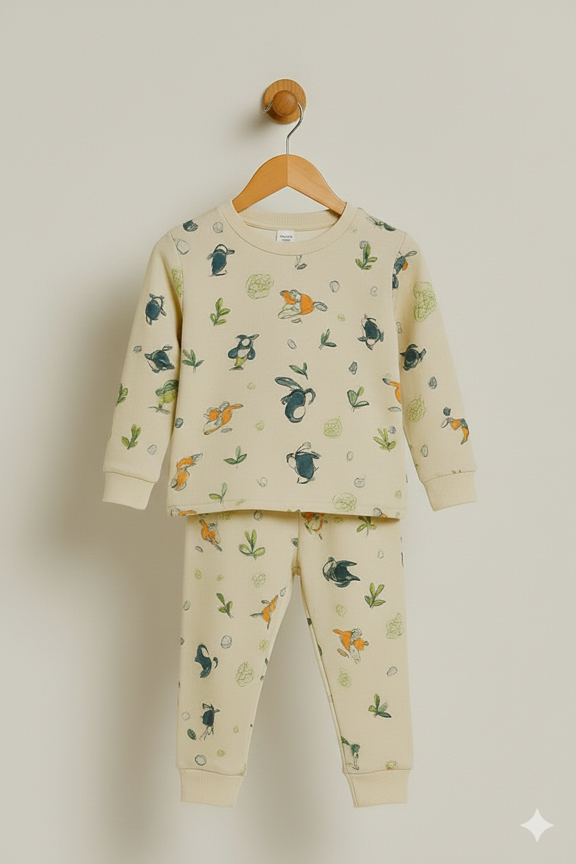 Premium winter light beige full-sleeve co-ord set featuring playful animal and nature prints