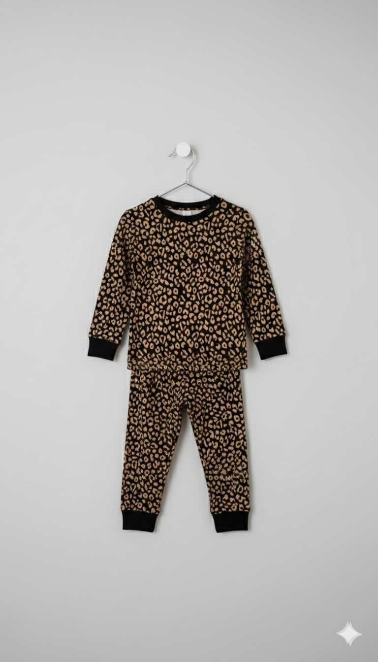 Premium winter Black full-sleeve co-ord set featuring an all-over light brown leopard print