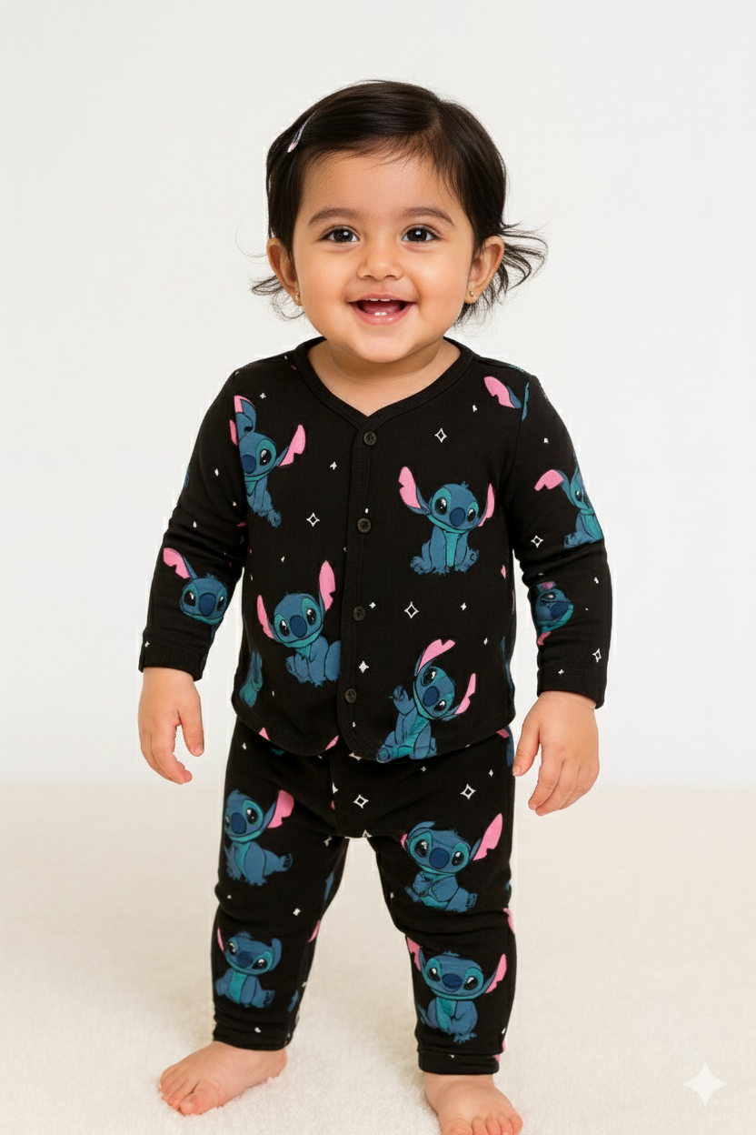 Black jabla set printed with blue stitch cartoon characters and tiny white stars