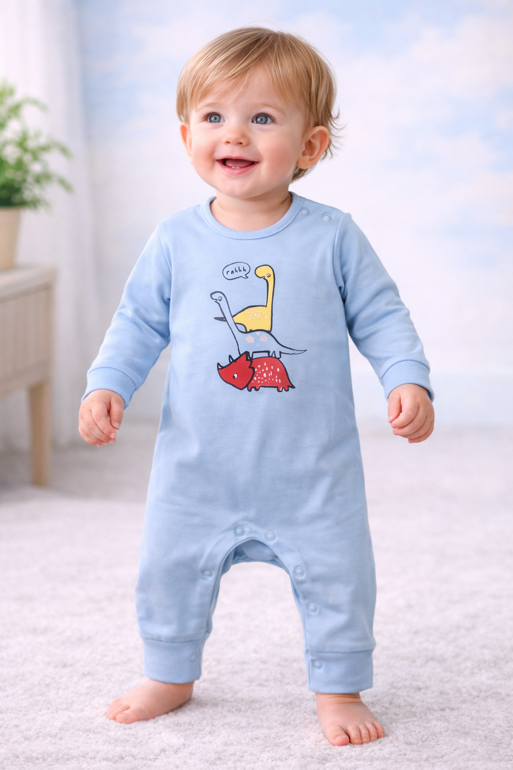 Blue with yellow dino - Baby full Jumpsuit