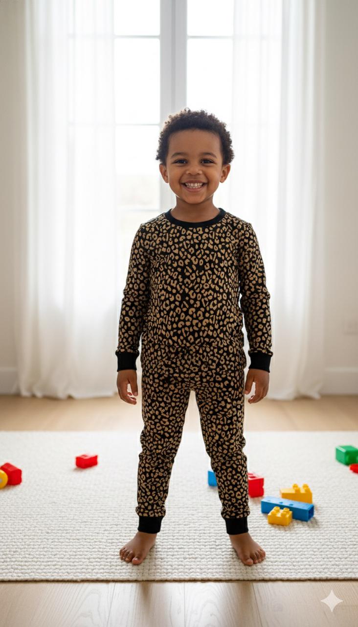 Premium winter Black full-sleeve co-ord set featuring an all-over light brown leopard print