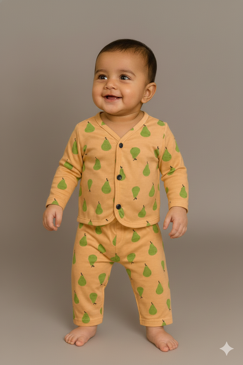 A soft peach jabla set sprinkled with adorable green pears