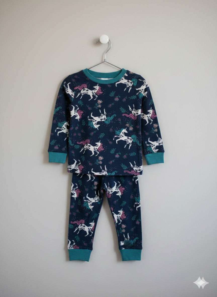 Premium winter Dark navy full-sleeve co-ord set decorated with cute unicorn and floral prints