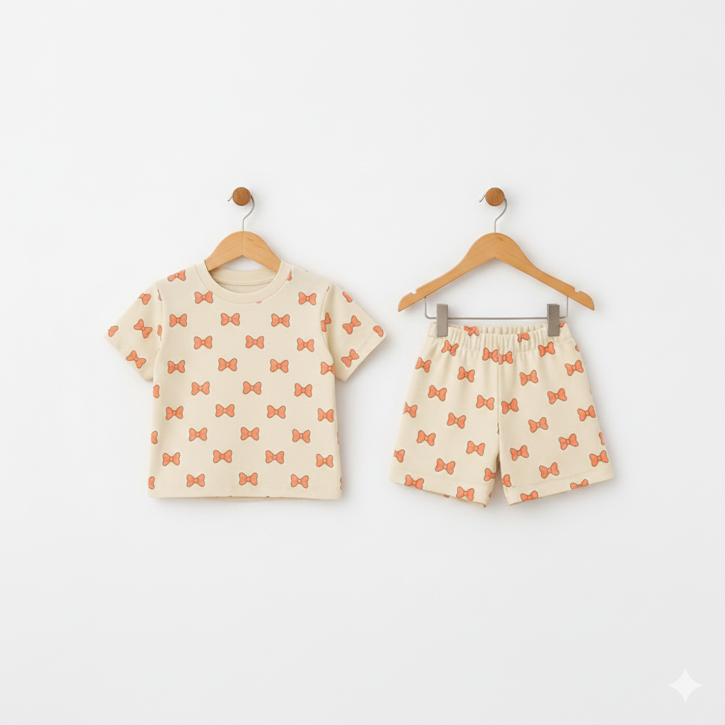 Soft and comfy cream-colored kids’ co-ord set featuring an all-over orange bow print. Lightweight, breathable, and perfect for everyday wear or playtime.