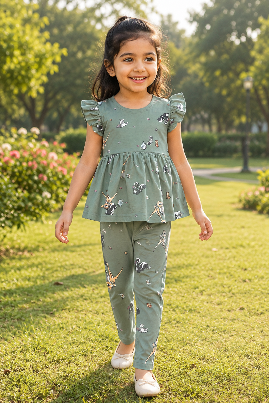 Sage green with cartoon woodland characters-Peplum Girls set