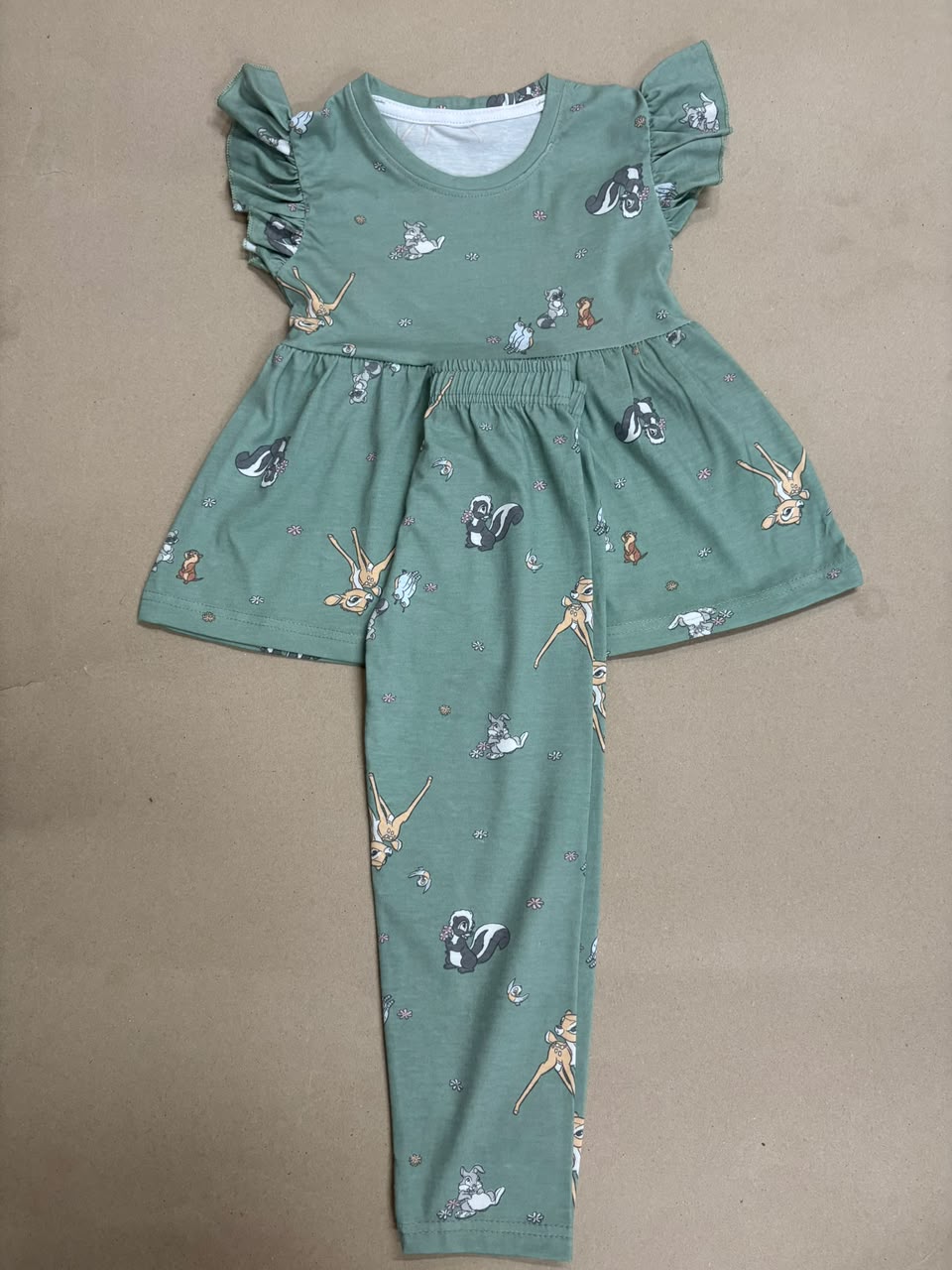 Sage green with cartoon woodland characters-Peplum Girls set