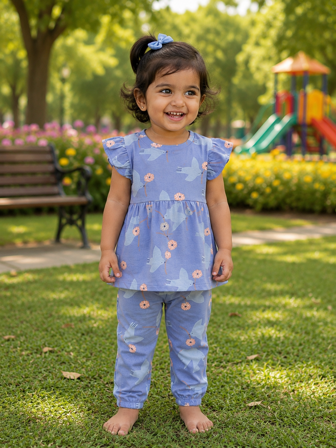 Blue with Bird and flower print with charming ruffled short sleeves -Girls set