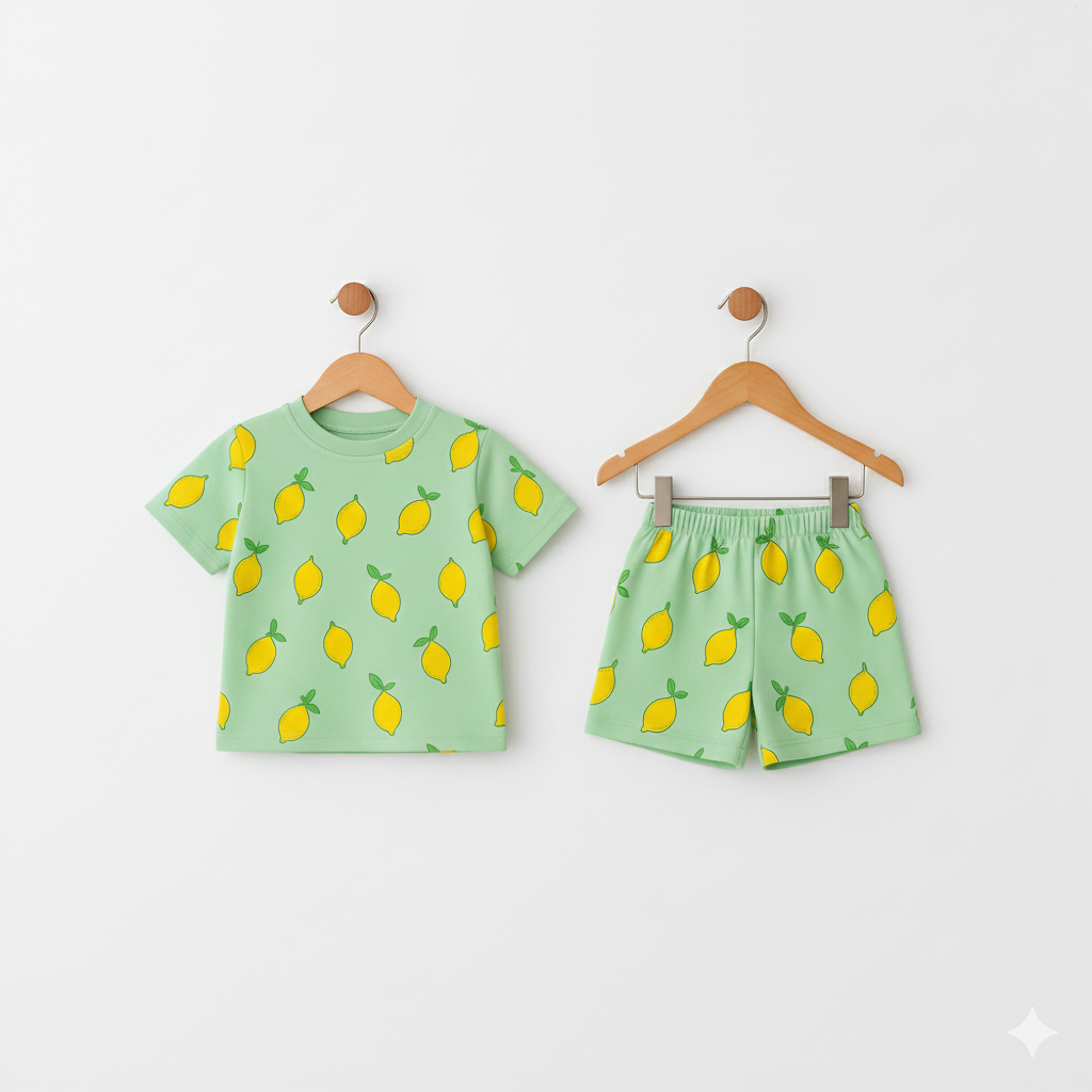 Green shorts set for a child, featuring a bright yellow lemon and leaf print on both the short-sleeved top and the matching shorts