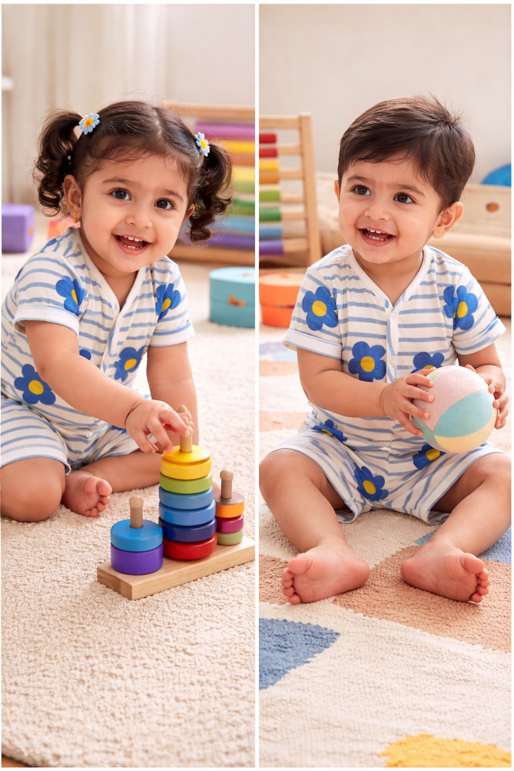 Stripes with blue and yellow flower -Half Sleeve Jabla Short sets