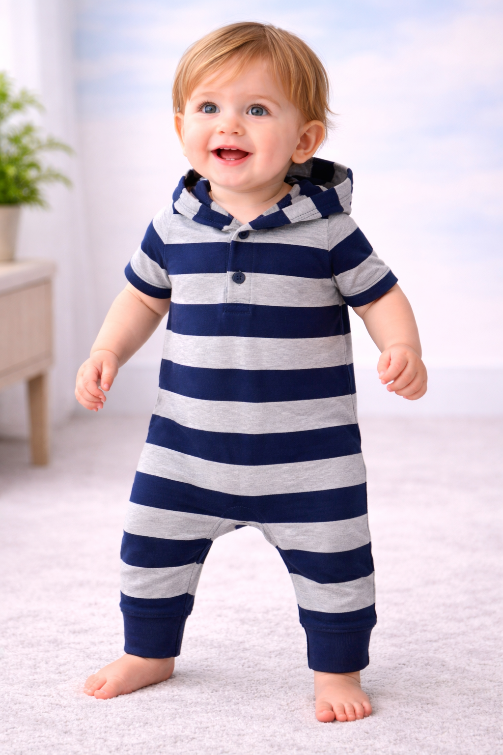 Grey with navy Hoodie -Baby Jumpsuits