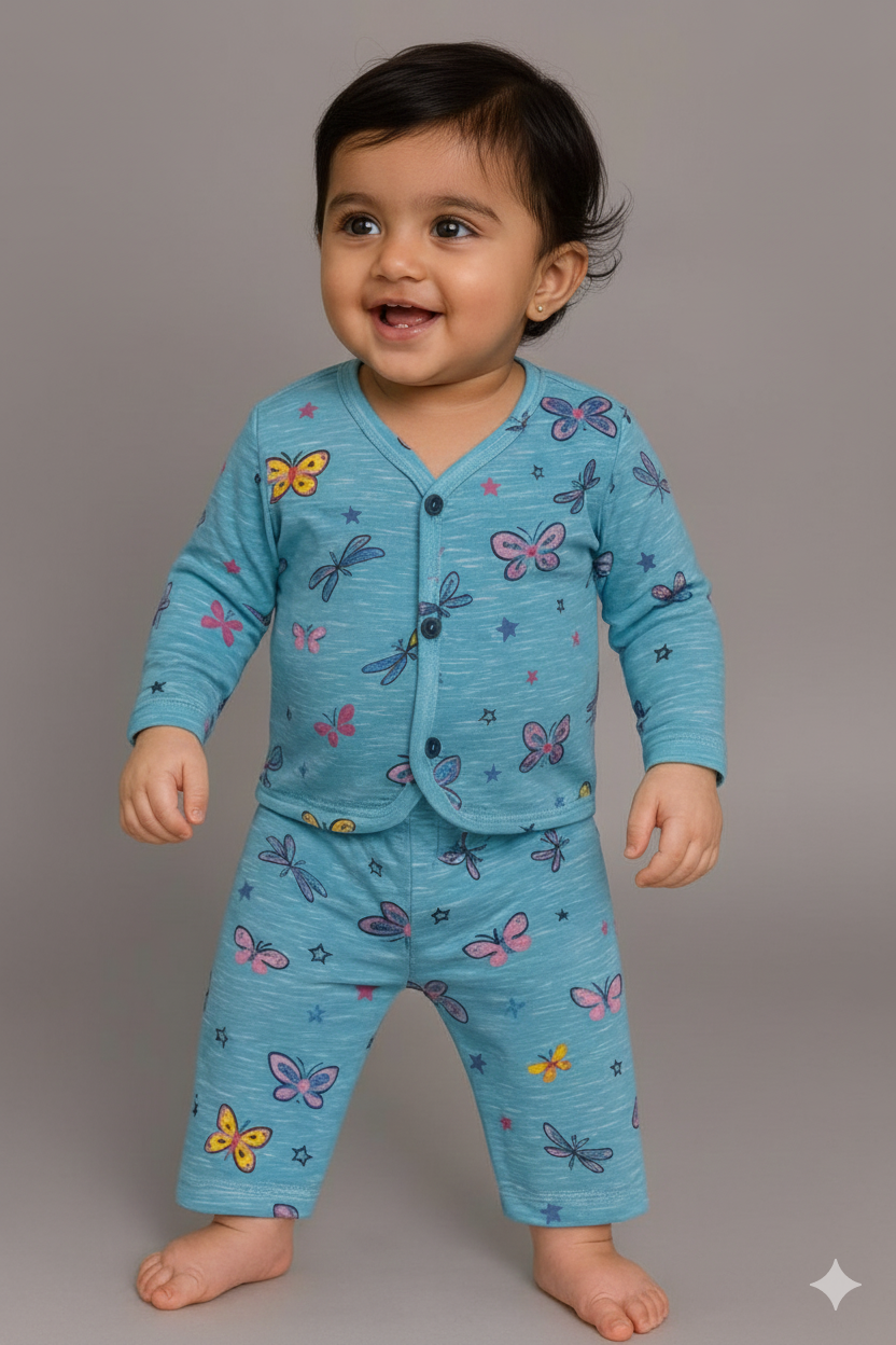 Sky-blue jabla set sprinkled with colourful butterflies