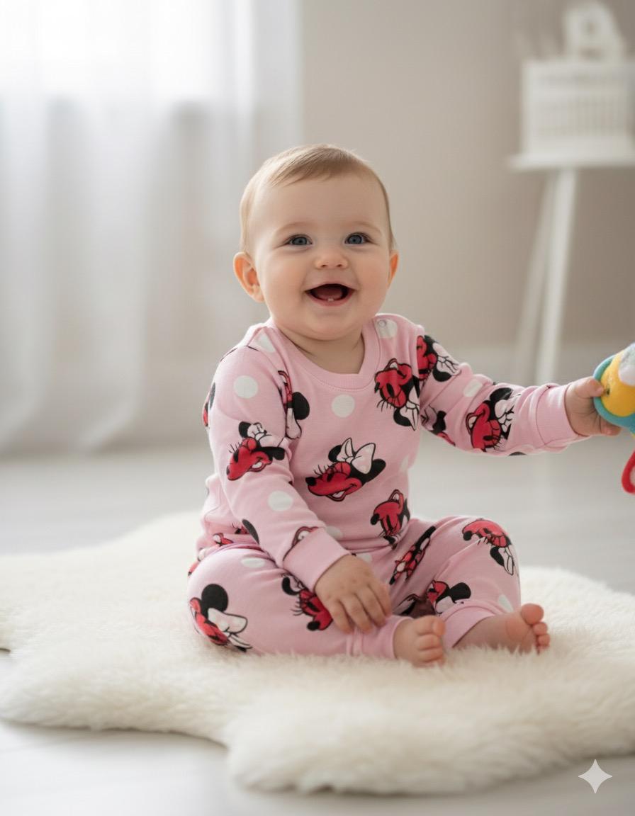 Baby Co -Ord set full sleeve Light pink minne mouse print(snap button)