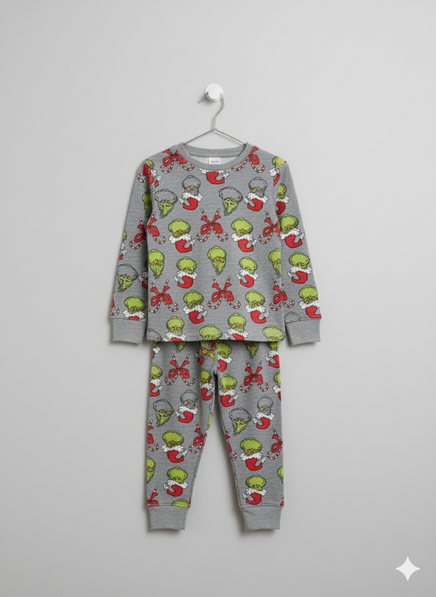 Premium winter grey full-sleeve co-ord set decorated with festive christmas-themed prints in green, red, and white