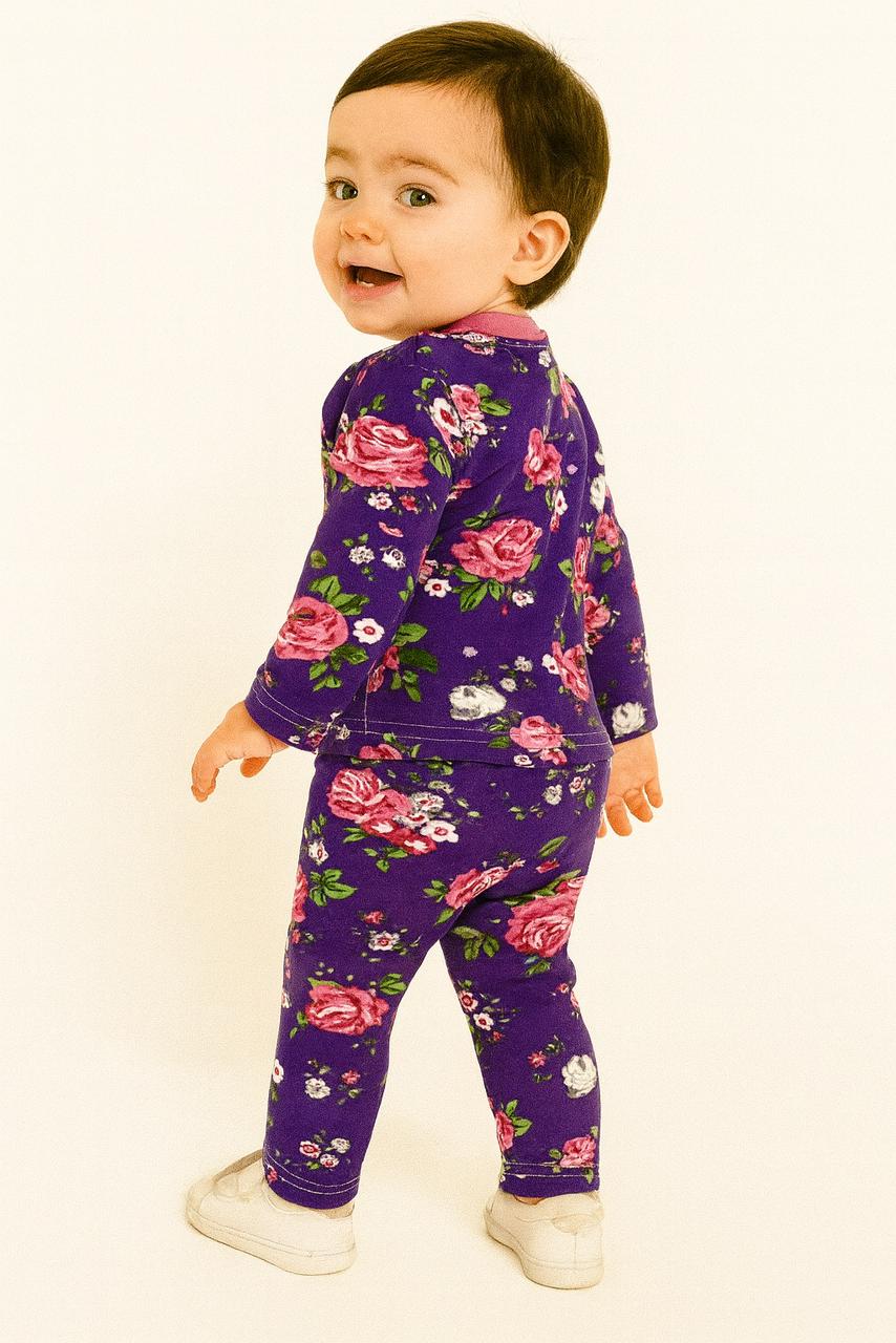 Premium Loop net purple full-sleeve floral co-ord set decorated with bright pink, white, and green flower prints