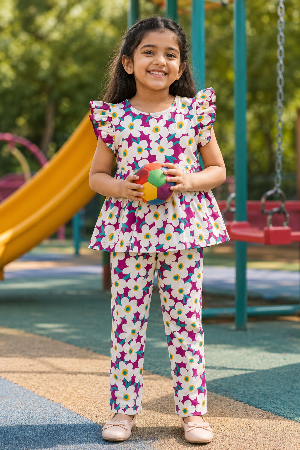 Vibrant magenta and white retro floral print21/8-Peplum Girls set